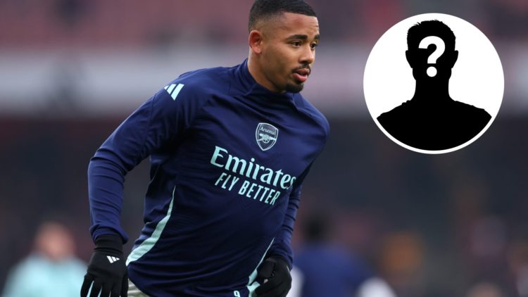 Gabriel Jesus of Arsenal warms up prior to the Emirates FA Cup Third Round match between Arsenal and Manchester United, with mystery player inset.