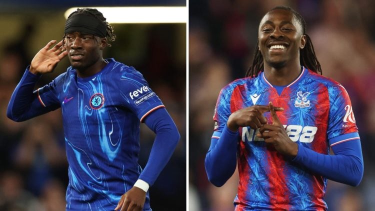 Noni Madueke of Chelsea celebrates scoring his team's second goal during the UEFA Europa Conference League Play-Off 1st leg match between Chelsea v...