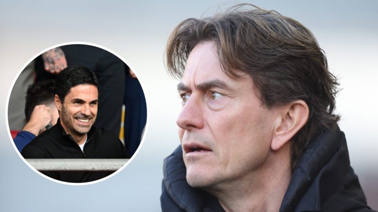 Image of new Tottenham manager Thomas Frank looking on with an inset of Arsenal boss Mikel Arteta smiling