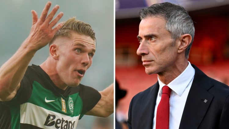 A split image of Viktor Gyokeres reacting during a game alongside Andrea Berta looking on during an Arsenal match
