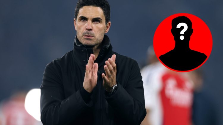 An image featuring Mikel Arteta applauding during an Arsenal match alongside a mystery player inset