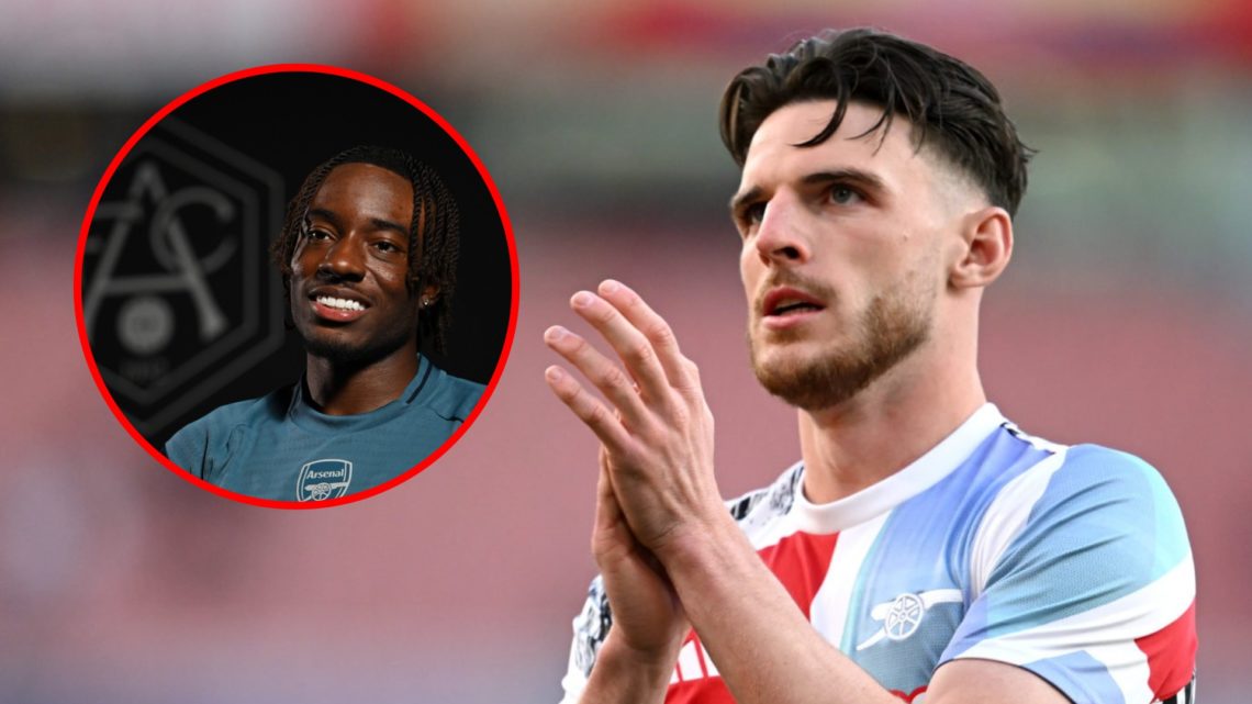 Declan Rice prior to the UEFA Champions League 2024/25 Semi Final match between Arsenal and Paris Saint-Germain, inset, Noni Madueke signs for Arse...