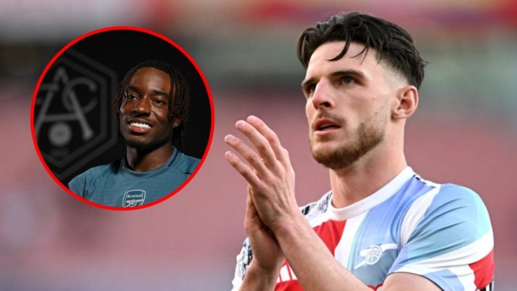 Declan Rice prior to the UEFA Champions League 2024/25 Semi Final match between Arsenal and Paris Saint-Germain, inset, Noni Madueke signs for Arse...