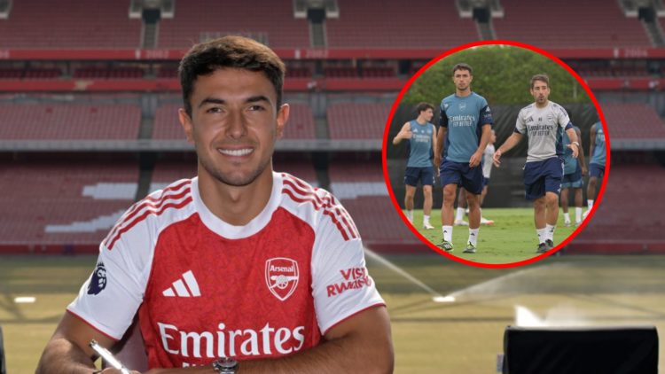 Arsenal unveil new signing Martin Zubimendi at Emirates Stadium, inset, Nico Jover and Martin Zubimendi during a training session at La Manga Club.