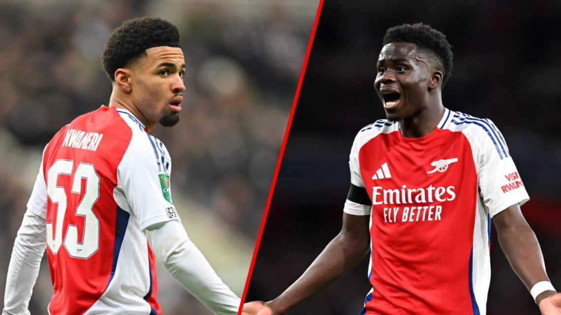 Split image of (L) Ethan Nwaneri during the Carabao Cup match between Newcastle United and Arsenal and (R) Bukayo Saka during the UEFA Champions Le...