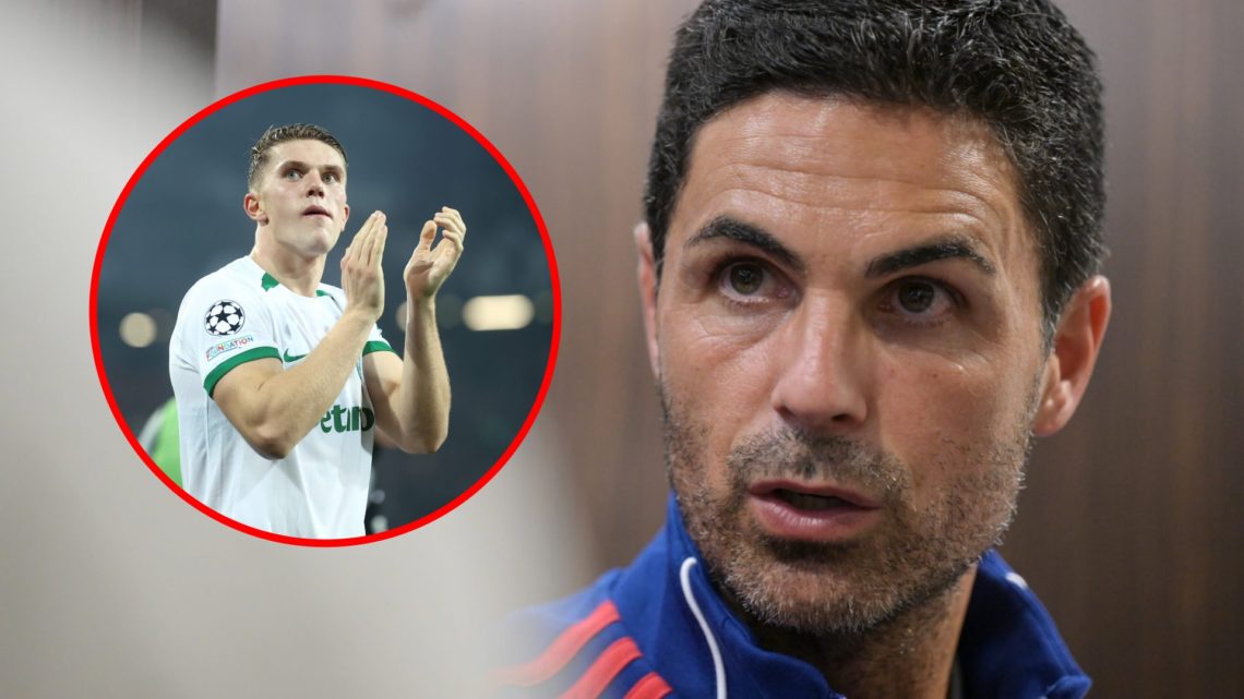 Arsenal manager Mikel Arteta speaks to the media at the National Stadium, inset, Viktor Gyokeres during the UEFA Champions League match between SK ...