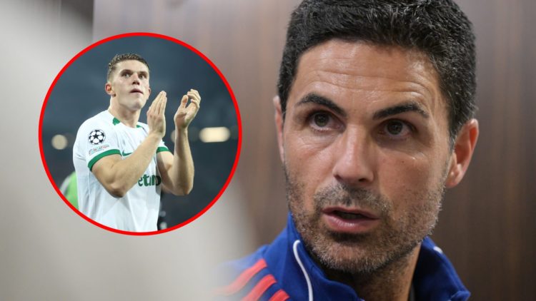 Arsenal manager Mikel Arteta speaks to the media at the National Stadium, inset, Viktor Gyokeres during the UEFA Champions League match between SK ...