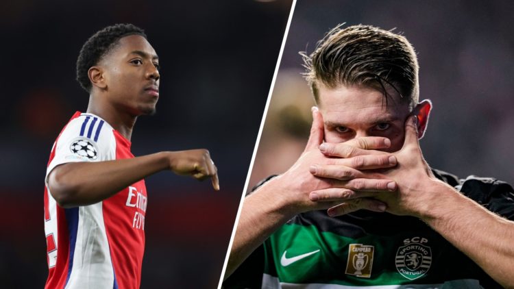Split image of (L) Myles Lewis-Skelly pointing to the ground during an Arsenal game and (R) Viktor Gyokeres celebrating after scoring for Sporting CP