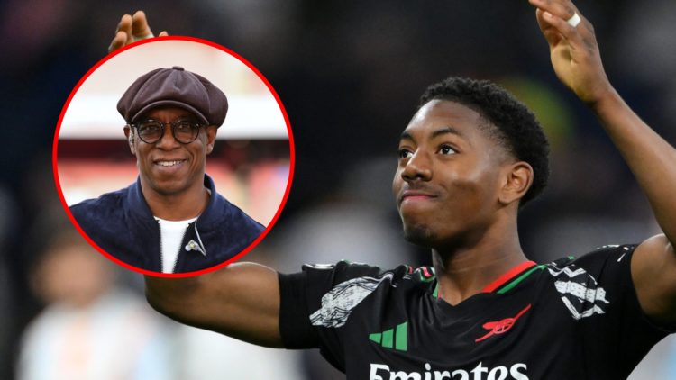 Myles Lewis-Skelly following the UEFA Champions League 2024/25 match between Real Madrid and Arsenal, inset, Ian Wright pitchside for Sky Sports TV...