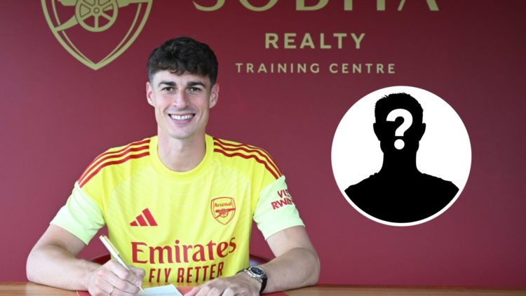 Image of Kepa Arrizabalaga during his unveiling as a new Arsenal player with an inset of a mystery player