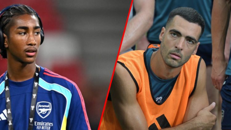 Split image of (L) Marli Salmon prior to the Pre-Season Friendly match between Arsenal and AC Milan and (R) Mikel Merino during a training session ...