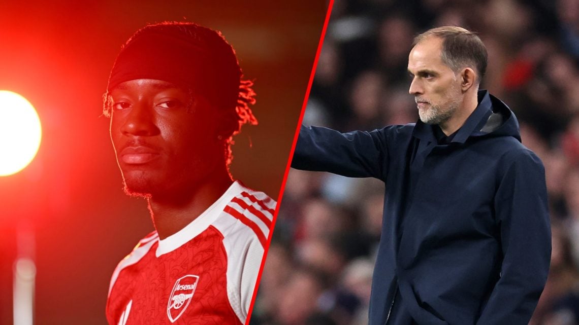 Split image (L) Noni Madueke signs for Arsenal and (R) Thomas Tuchel during the FIFA World Cup 2026 European Qualifier between England and Albania.