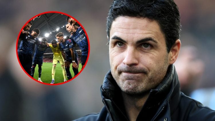 Mikel Arteta prior to the Premier League match between Wolverhampton Wanderers and Arsenal, inset, Arsenal team talk prior to the Pre-Season Friend...