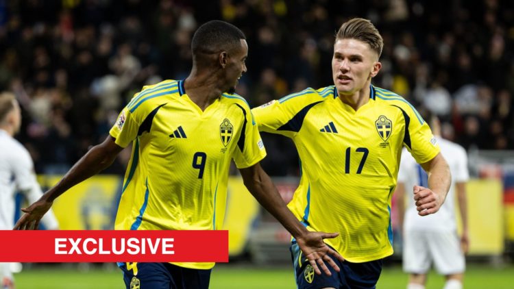 Alexander Isak of Sweden celebrates with Viktor Gyokeres after scoring his team's second goal (2-1) during the UEFA Nations League 2024/25 League C...