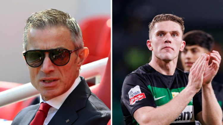 Split image of (L) Andrea Berta looking on prior to an Arsenal game and (R) Viktor Gyokeres applauding the fans after a Sporting CP game