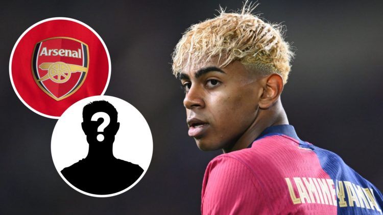 Image of Lamine Yamal during a Barcelona game with insets of the Arsenal badge and a mystery player
