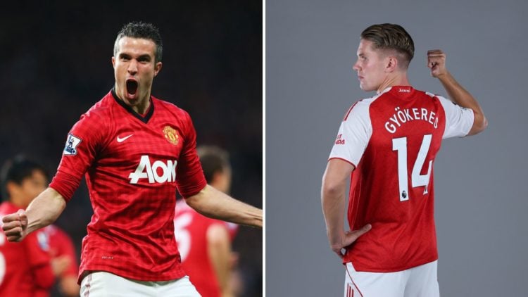 Split Image of Robin van Persie of Manchester United celebrates scoring the opening goal during the Barclays Premier League match between Mancheste...