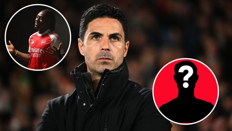 Image of Mikel Arteta, Manager of Arsenal, looks on prior to the Premier League match between Nottingham Forest FC and Arsenal, insets of Eberechi ...