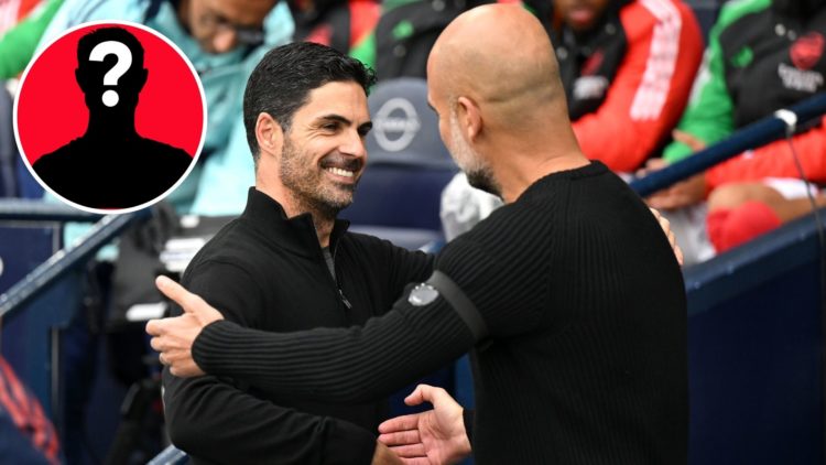 Image of Mikel Arteta, Manager of Arsenal, embraces Josep Guardiola, Manager of Manchester City, prior to the Premier League match between Manchest...