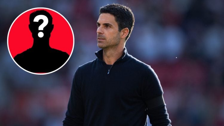 Image of Arsenal manager Mikel Arteta during the Premier League match between Manchester United and Arsenal, inset of a mystery player