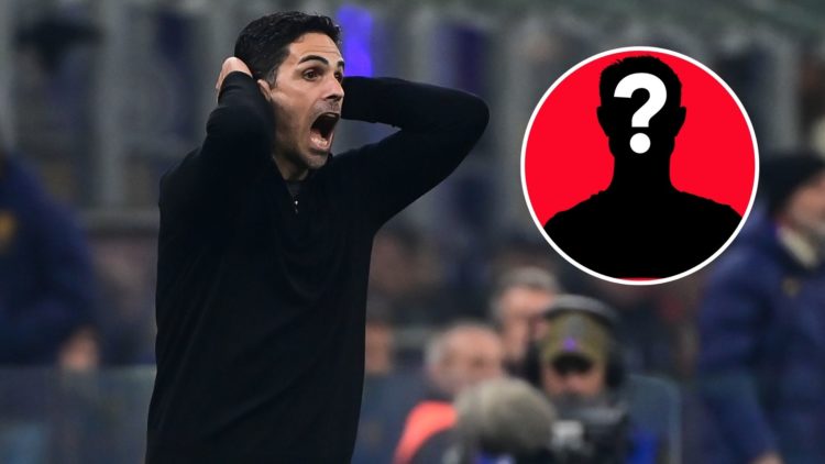 Image of Mikel Arteta, head coach of Arsenal FC reacts during the UEFA Champions League football match Inter Milan and Arsenal, inset of a mystery ...