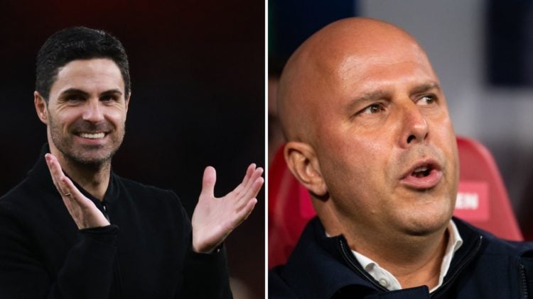 Split Image of Mikel Arteta, Head Coach of Arsenal celebrates after the Premier League match between Arsenal FC and Chelsea, Head Coach Arne Slot o...