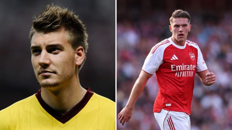 Split Image of Nicklas Bendtner of Arsenal looks on during the UEFA Champions League Group H match between SC Braga and Arsenal, Viktor Gyokeres of...