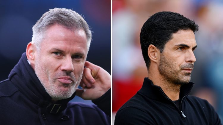 Split Image of Sky Sports pundit Jamie Carragher during the Premier League match between Manchester City FC and Liverpool, Mikel Arteta, Manager of...