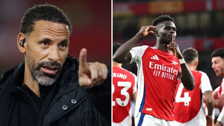 Split Image of Rio Ferdinand TV Pundit on the side line before the Premier League match between Nottingham Forest FC and Liverpool, Bukayo Saka of ...