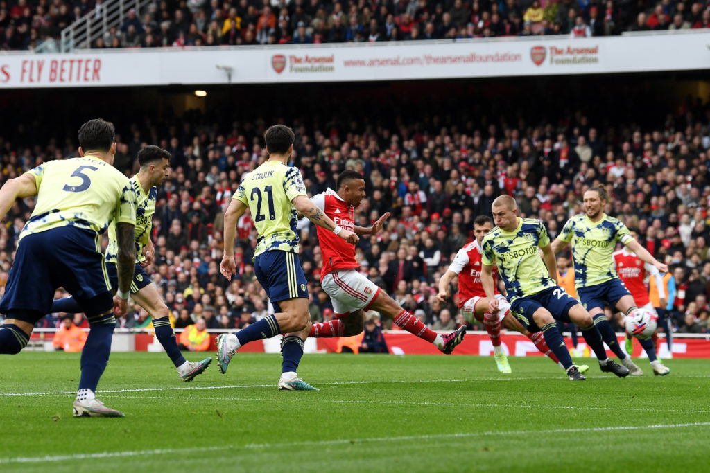 Gabriel Jesus of Arsenal scores the team's third goal during the Premier League match between Arsenal FC and Leeds United at Emirates Stadium on April 01, 2023