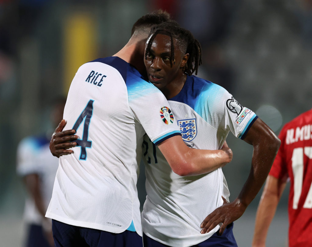 Eberechi Eze and Declan Rice embrace during Malta v England in the UEFA Euro 2024 qualifying clash.