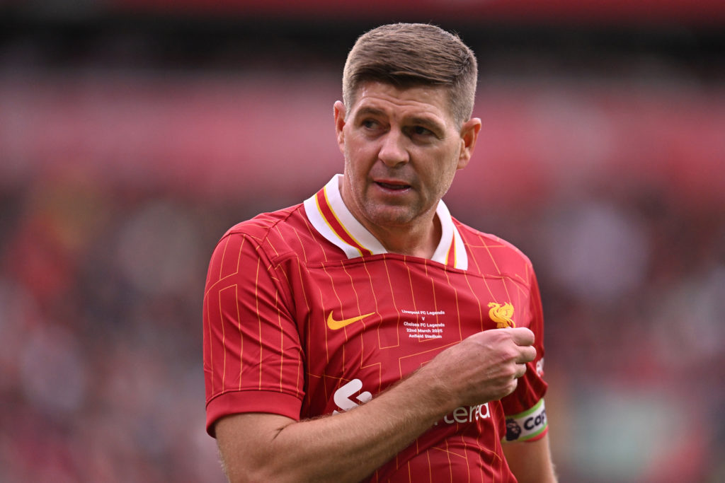 Steven Gerrard looks on during a Liverpool legends match