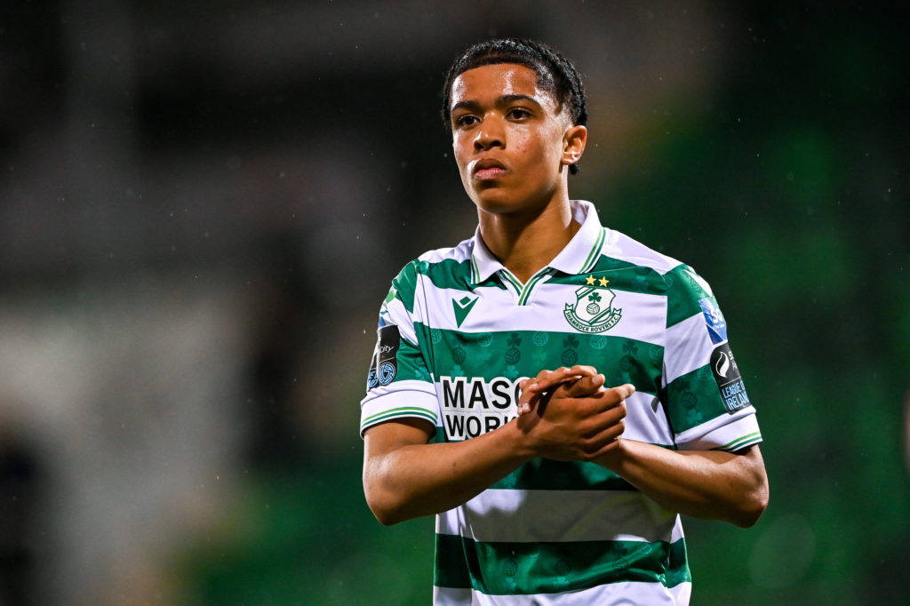 Victor Ozhianvuna applauds after the match betweenShamrock Rovers and Shelbourne in April 2025