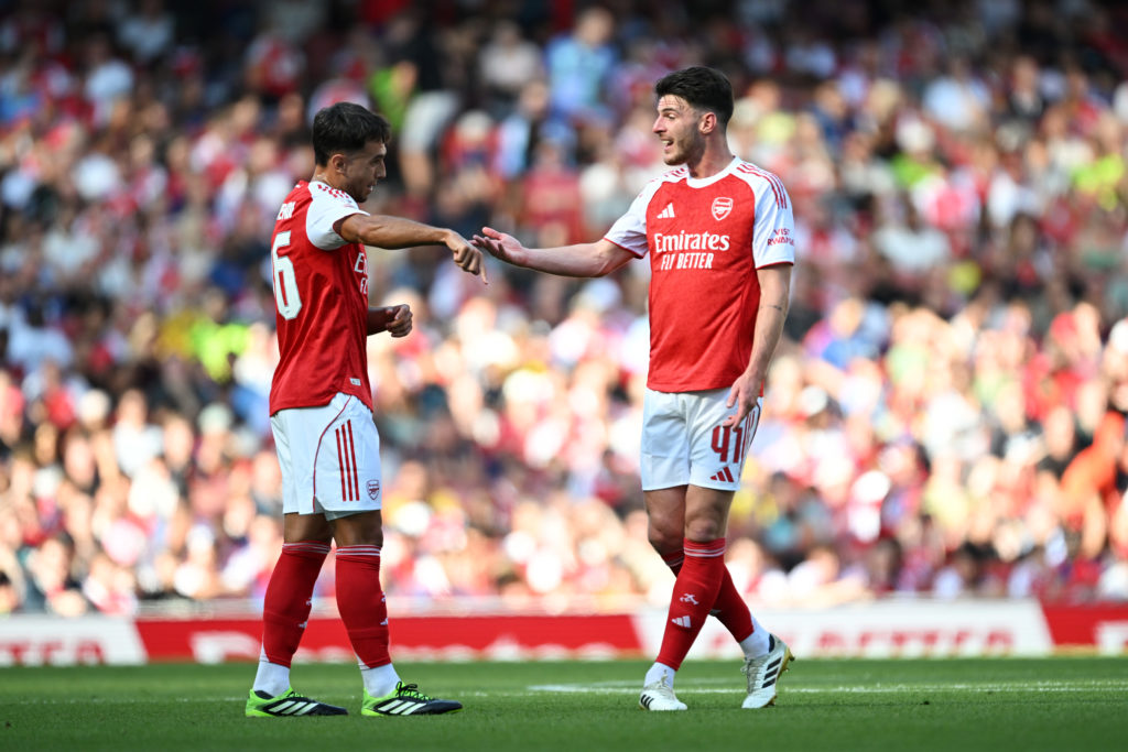 Martin Zubimendi and Declan Rice of Arsenal talk during the pre-season friendly match between Arsenal and Athletic Club at Emirates Stadium on August 09, 2025