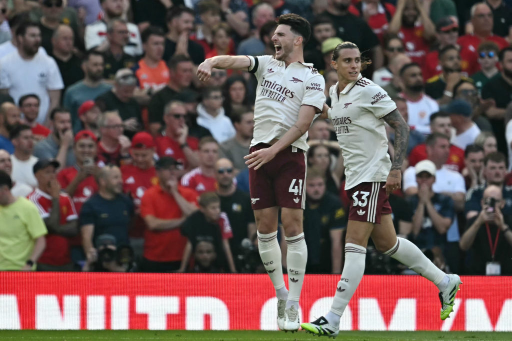 Riccardo Calafiori and Declan Rice celebrate during Manchester United v Arsenal