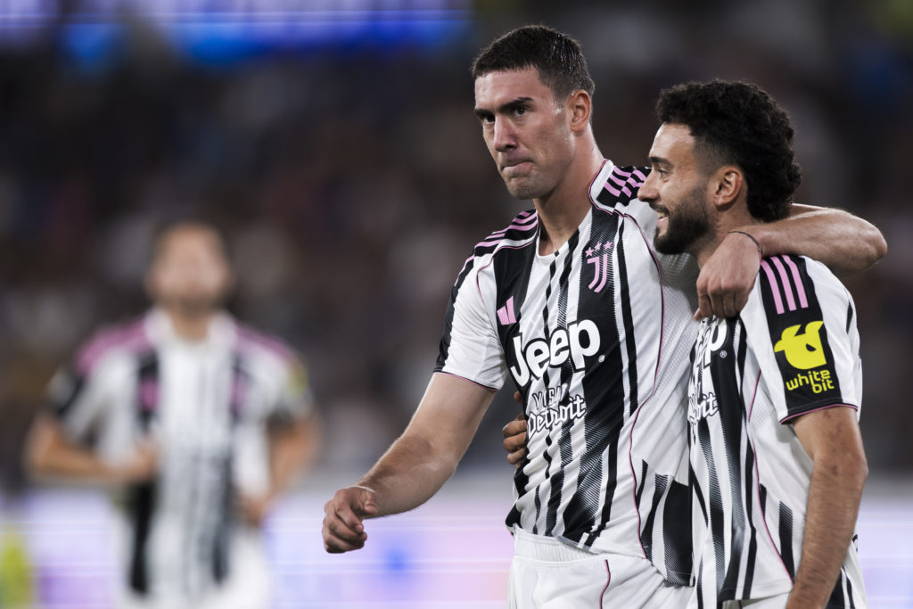 Dusan Vlahovic (C) of Juventus FC celebrates with Joao Mario