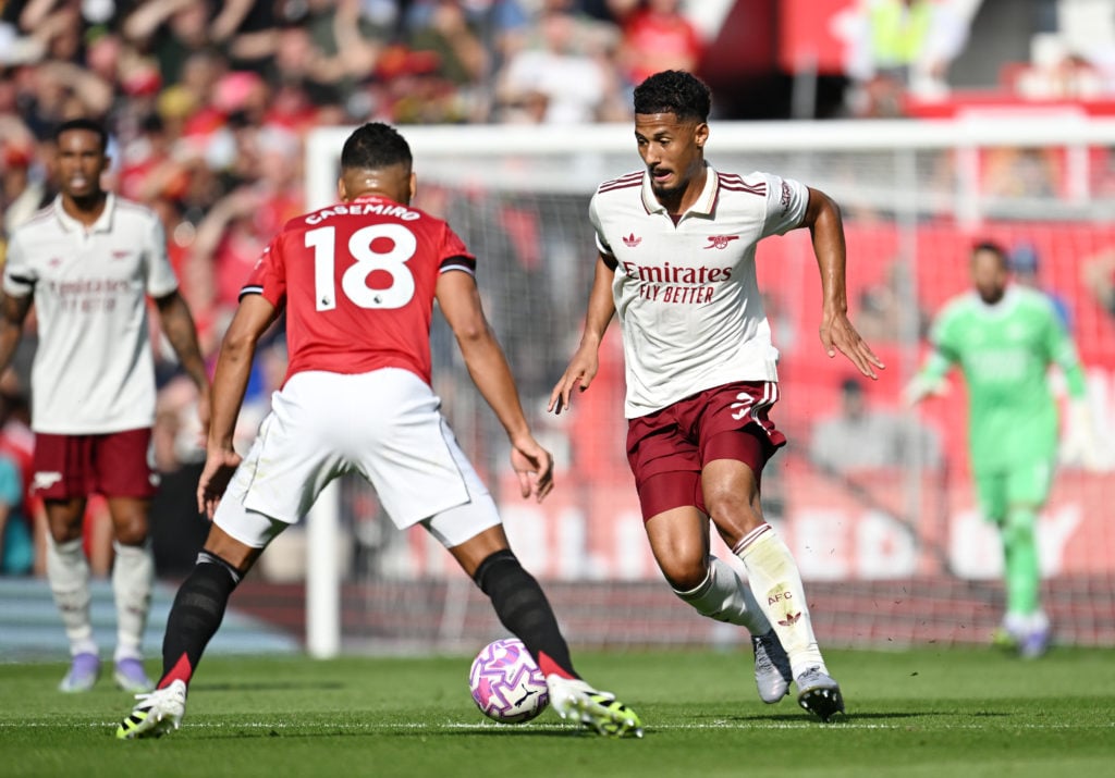 William Saliba in action during Manchester United v Arsenal in the Premier League clash.