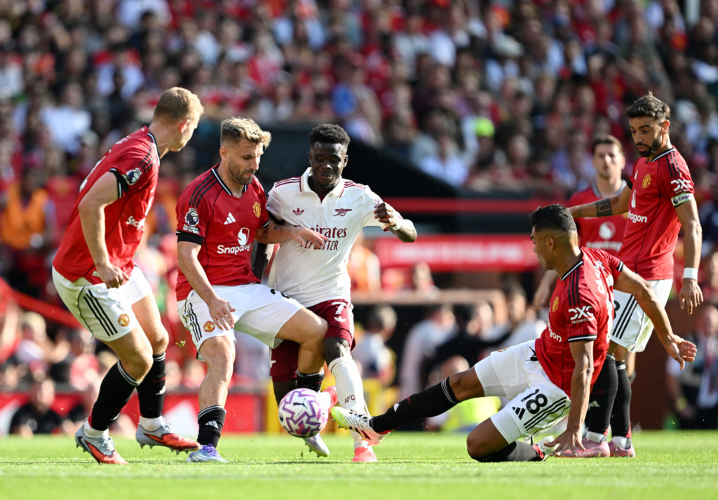Bukayo Saka in action during Manchester United v Arsenal in the Premier League clash.