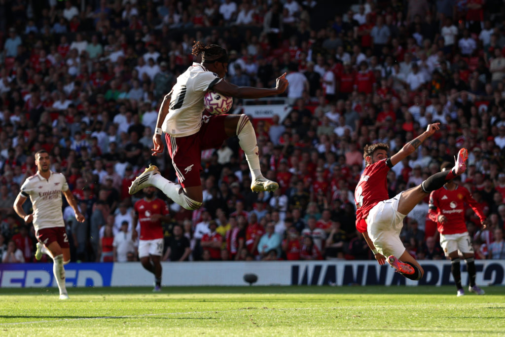 Noni Madueke misses a chance during Manchester United v Arsenal in the Premier League clash.
