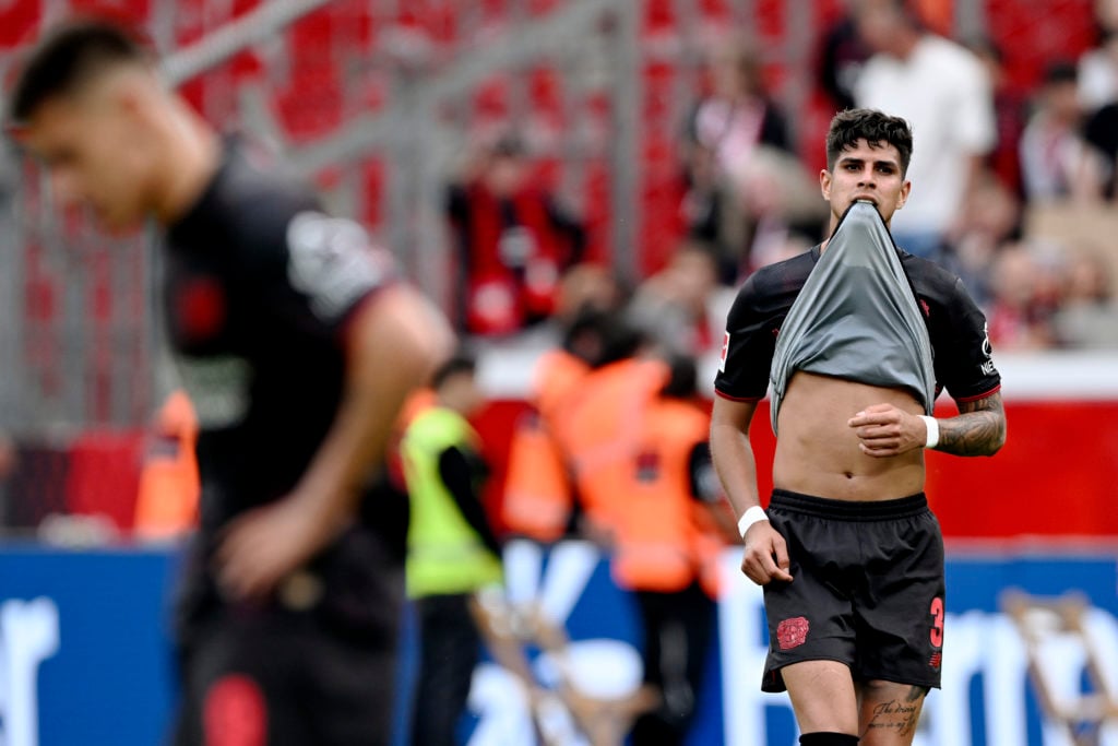 Piero Hincapie looks on emotionally after Bayer Leverkusen v 1899 Hoffenheim