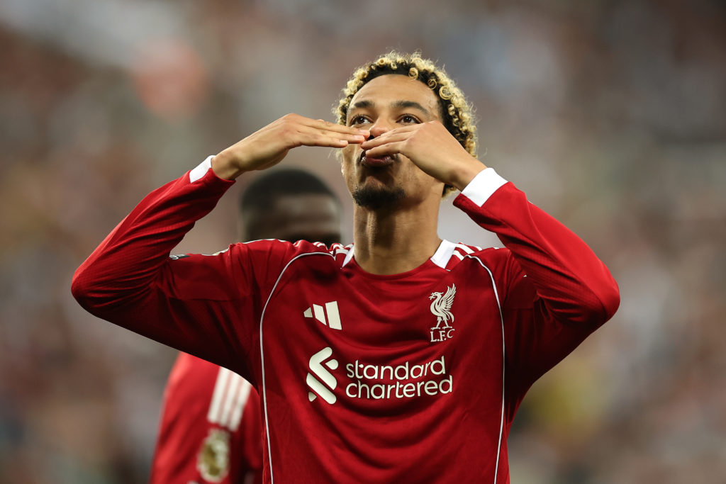 Hugo Ekitike of Liverpool celebrates after scoring the second goal for his team during the Premier League match between Newcastle United and Liverpool at St James' Park.