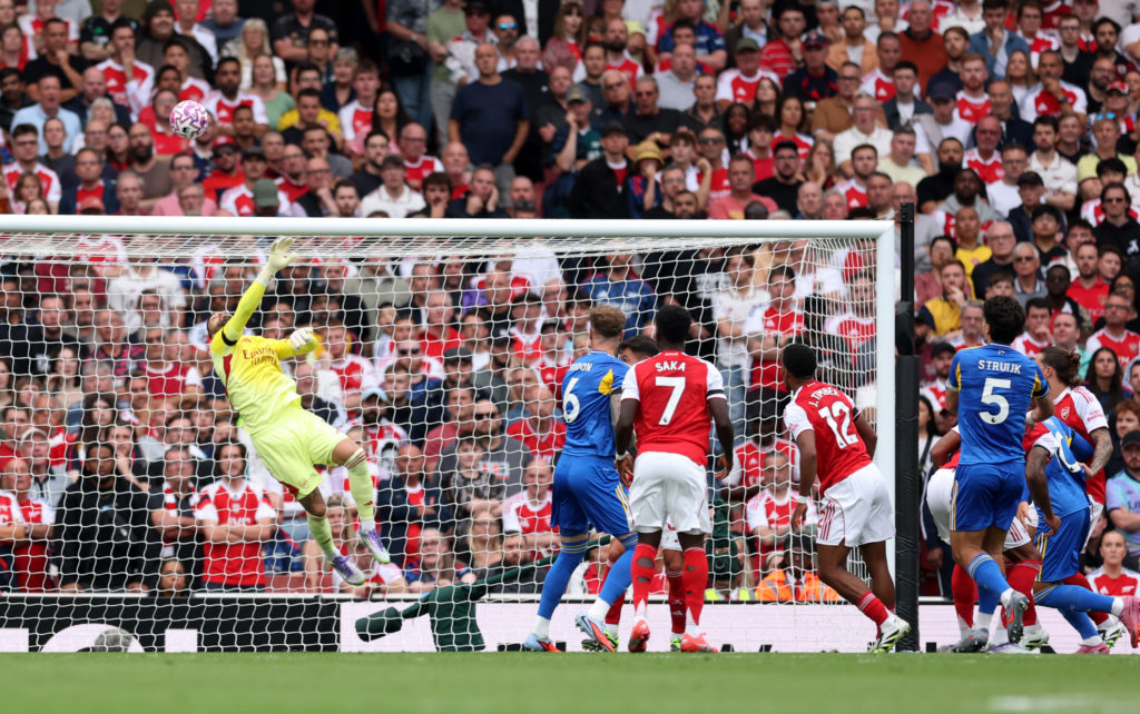 David Raya in action during Arsenal v Leeds United in the Premier League clash.