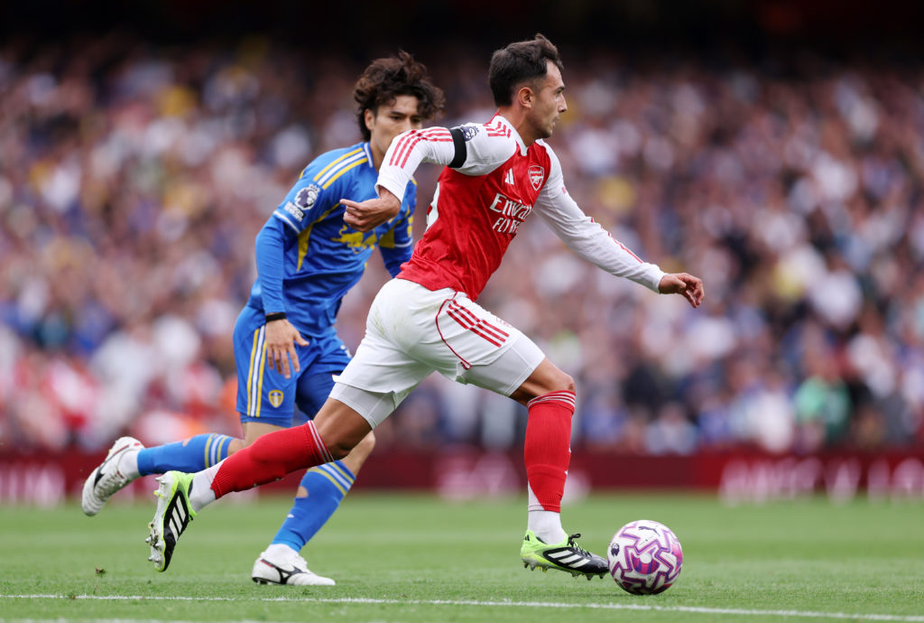 Martin Zubimendi of Arsenal runs with the ball during the Premier League match between Arsenal and Leeds United at Emirates Stadium.