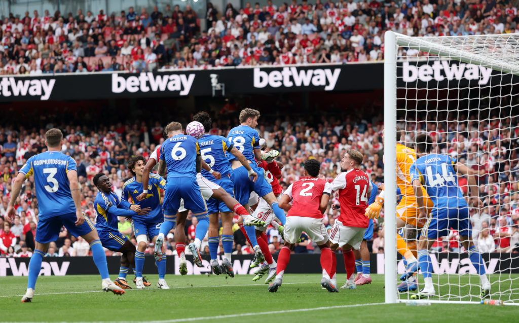 Jurrien Timber scores during Arsenal v Leeds United in the Premier League clash.