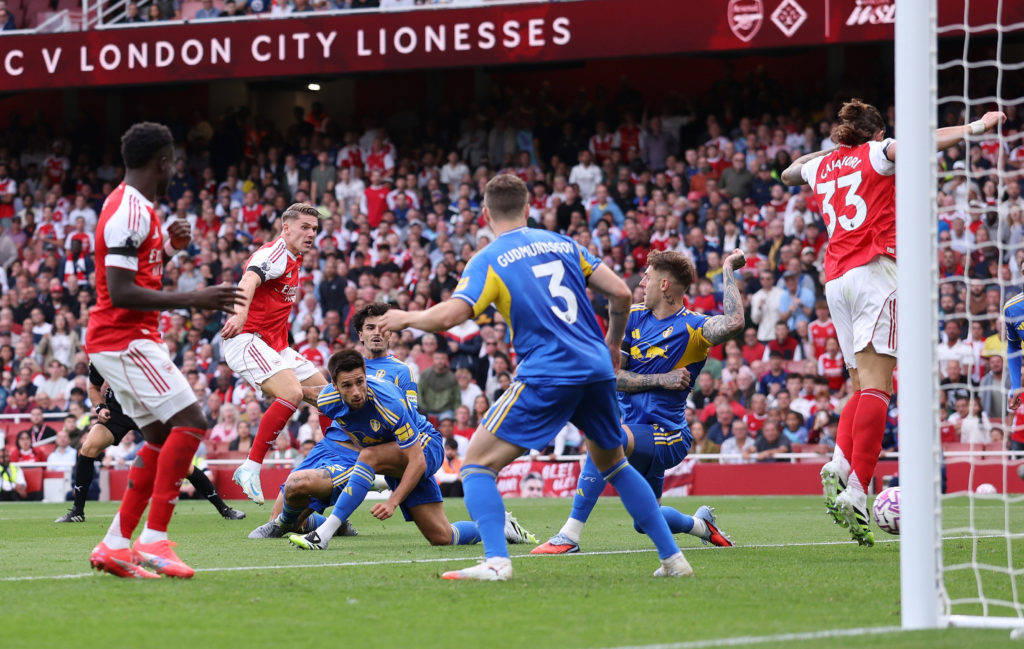 Viktor Gyokeres scores during Arsenal v Leeds United in the Premier League clash.