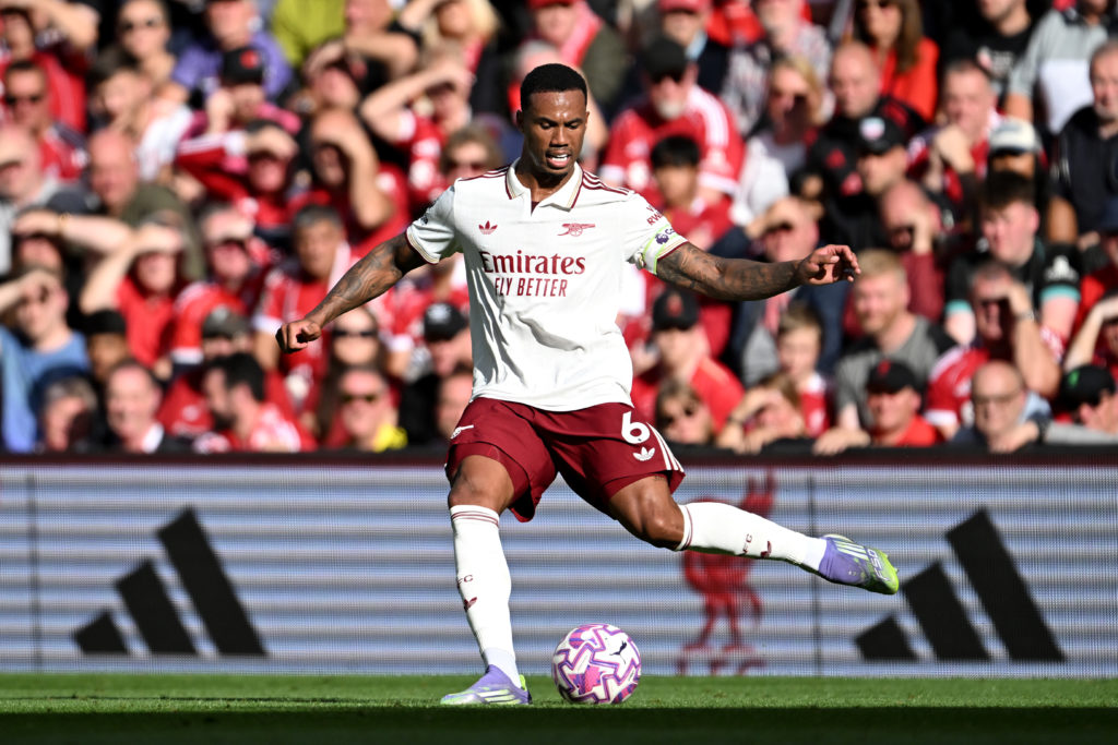 Gabriel Magalhaes in action during Liverpool v Arsenal in the Premier League clash.