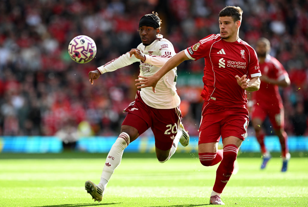 Noni Madueke in action during Liverpool v Arsenal in the Premier League clash.