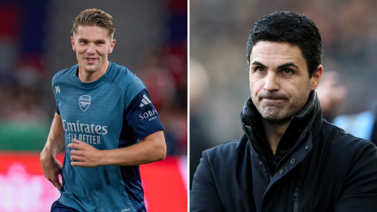Split Image of Viktor Gyokeres of Arsenal looks on during the Arsenal Open Training Session, Mikel Arteta, Manager of Arsenal, looks on prior to th...