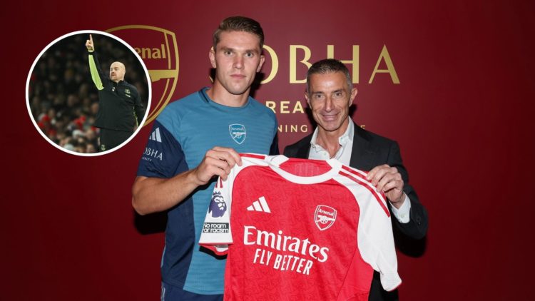 Image of Arsenal new signing Viktor Gyokeres with Sporting Director Andrea Berta, inset of Sean Dyche manager of Everton gestures during the Premie...