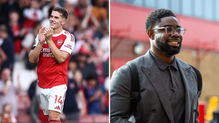 Split Image of Arsenal's Swedish striker #14 Viktor Gyokeres applauds the fans following the English Premier League football match between Arsenal ...